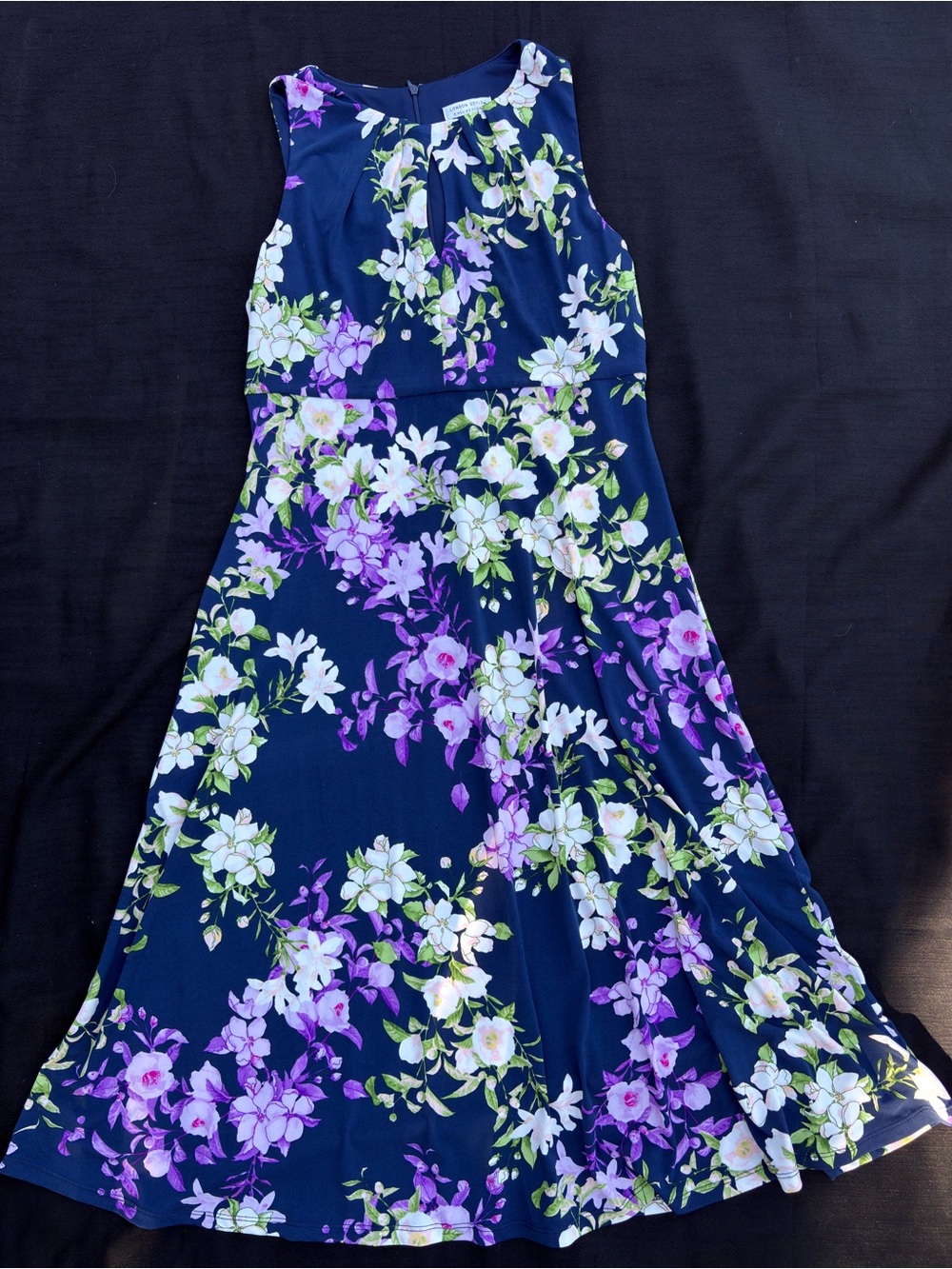 London Style Collection Floral Fit & Flare Dress Size 10 Navy Purple Sleeveless